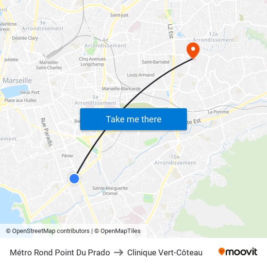 Métro Rond Point Du Prado to Clinique Vert-Côteau map