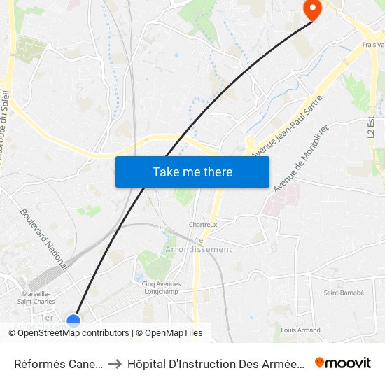 Réformés Canebière to Hôpital D'Instruction Des Armées Laveran map