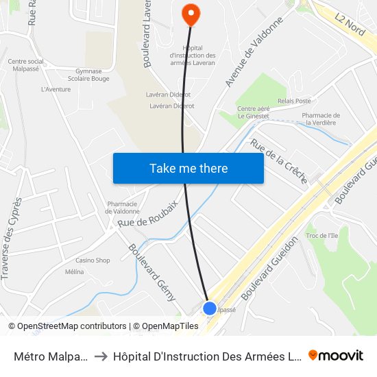 Métro Malpassé to Hôpital D'Instruction Des Armées Laveran map