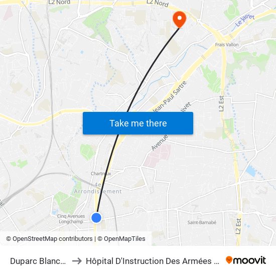 Duparc Blancarde to Hôpital D'Instruction Des Armées Laveran map