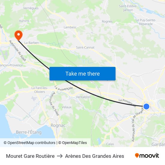 Mouret Gare Routière to Arènes Des Grandes Aires map