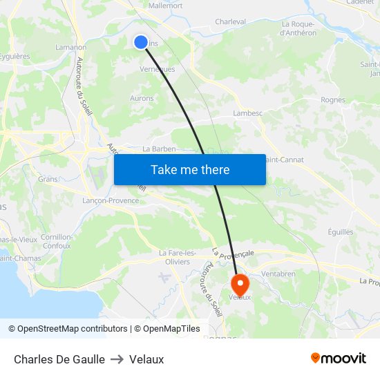 Charles De Gaulle to Velaux map