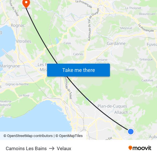 Camoins Les Bains to Velaux map