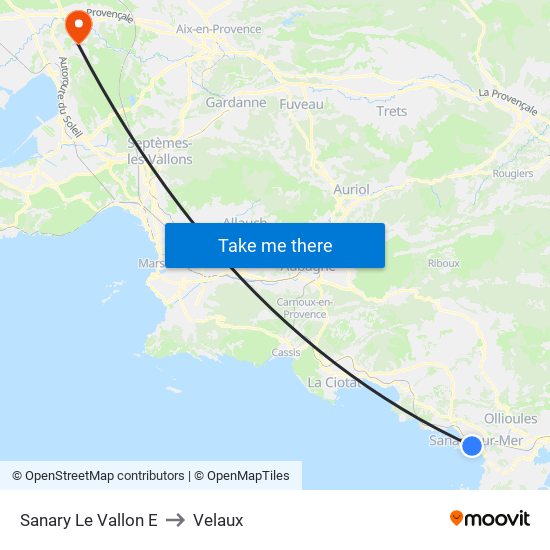 Sanary Le Vallon E to Velaux map