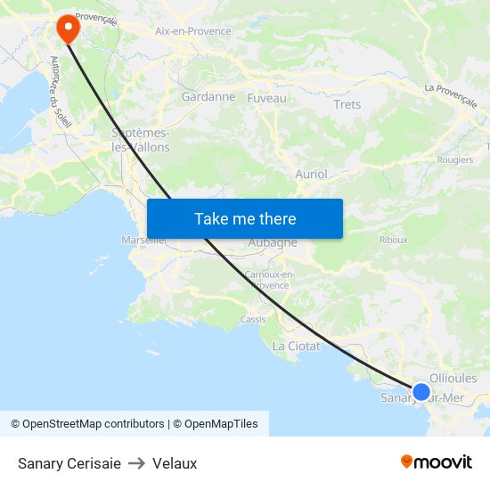 Sanary Cerisaie to Velaux map