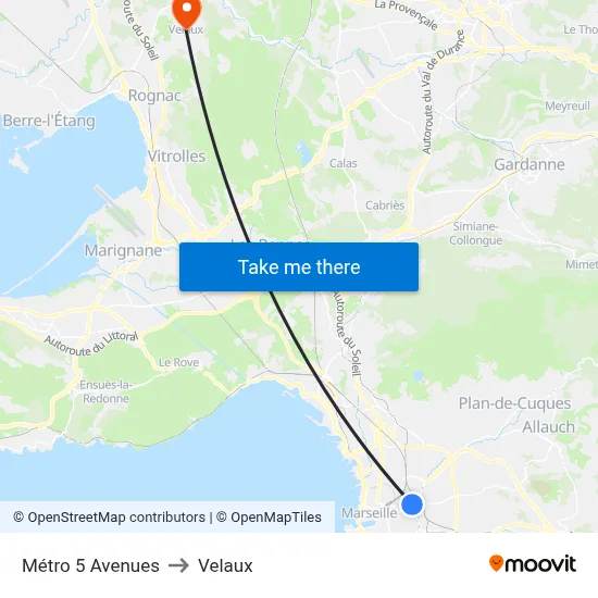 Métro 5 Avenues to Velaux map