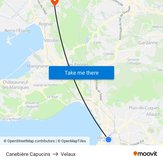 Canebière Capucins to Velaux map
