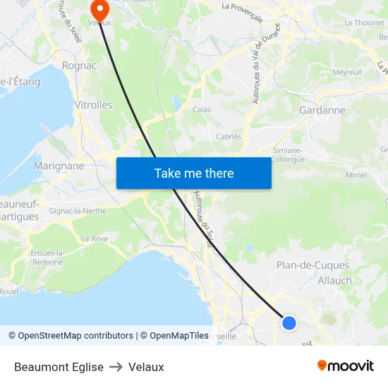 Beaumont Eglise to Velaux map