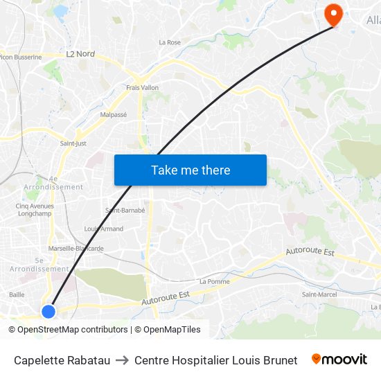 Capelette Rabatau to Centre Hospitalier Louis Brunet map