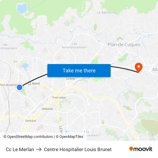 Cc Le Merlan to Centre Hospitalier Louis Brunet map