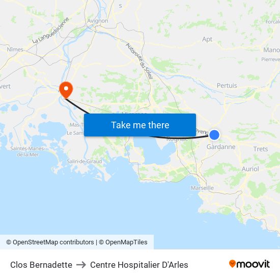 Clos Bernadette to Centre Hospitalier D'Arles map