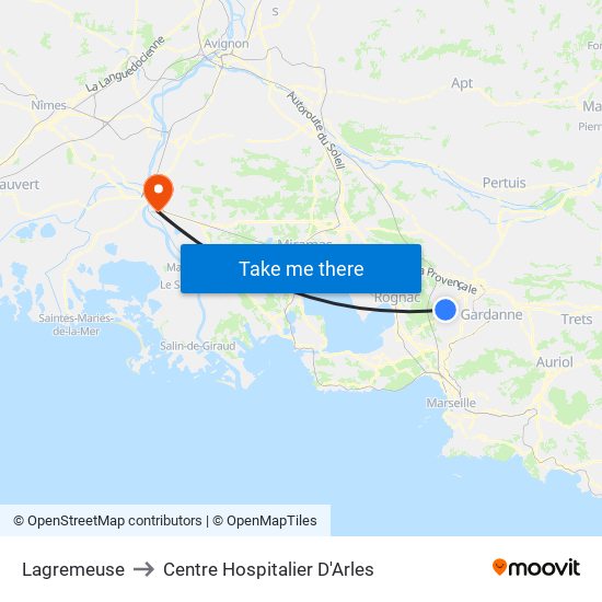 Lagremeuse to Centre Hospitalier D'Arles map