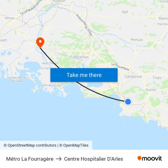 Métro La Fourragère to Centre Hospitalier D'Arles map