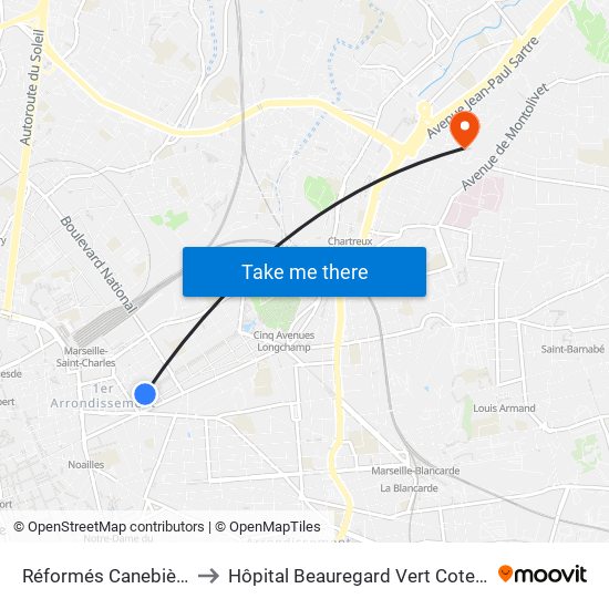 Réformés Canebière to Hôpital Beauregard Vert Coteau map