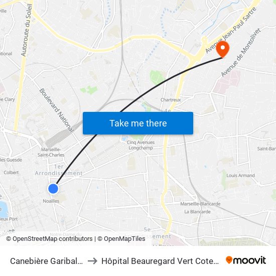 Canebière Garibaldi to Hôpital Beauregard Vert Coteau map