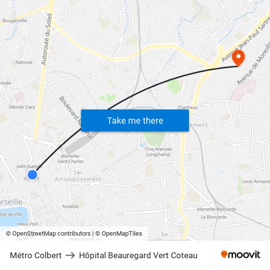 Métro Colbert to Hôpital Beauregard Vert Coteau map