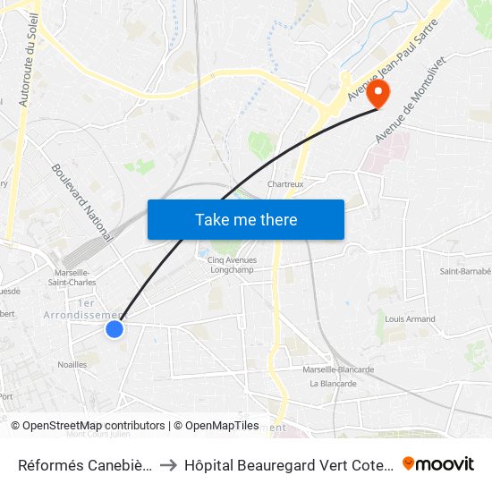 Réformés Canebière to Hôpital Beauregard Vert Coteau map