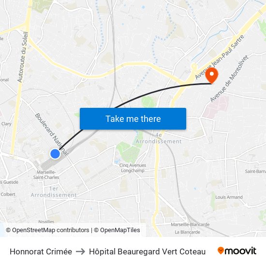 Honnorat Crimée to Hôpital Beauregard Vert Coteau map