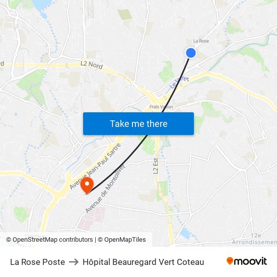 La Rose Poste to Hôpital Beauregard Vert Coteau map
