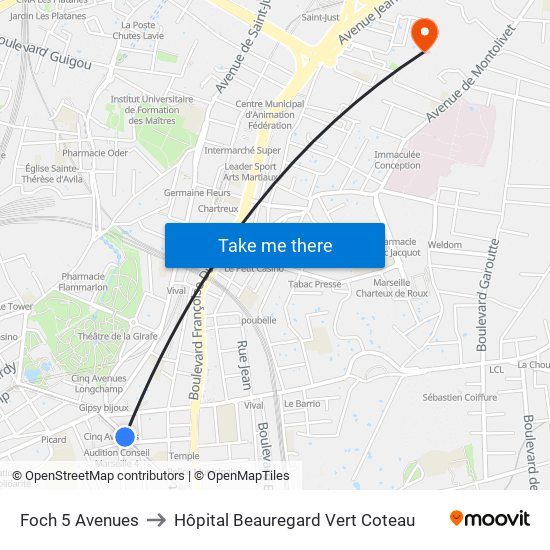 Foch 5 Avenues to Hôpital Beauregard Vert Coteau map