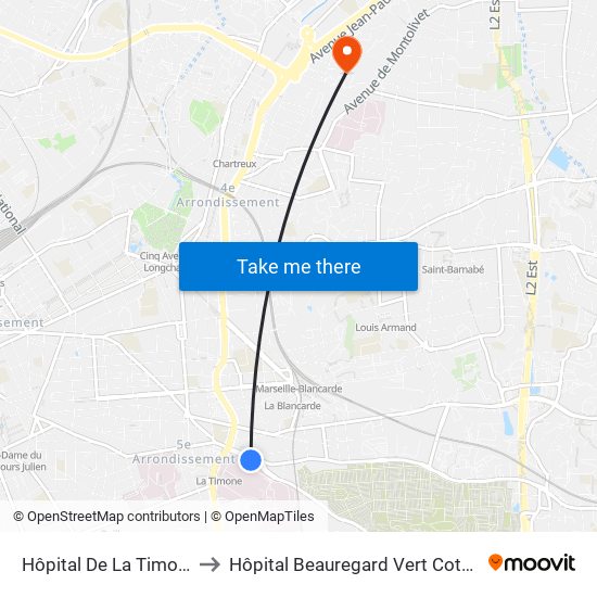 Hôpital De La Timone to Hôpital Beauregard Vert Coteau map