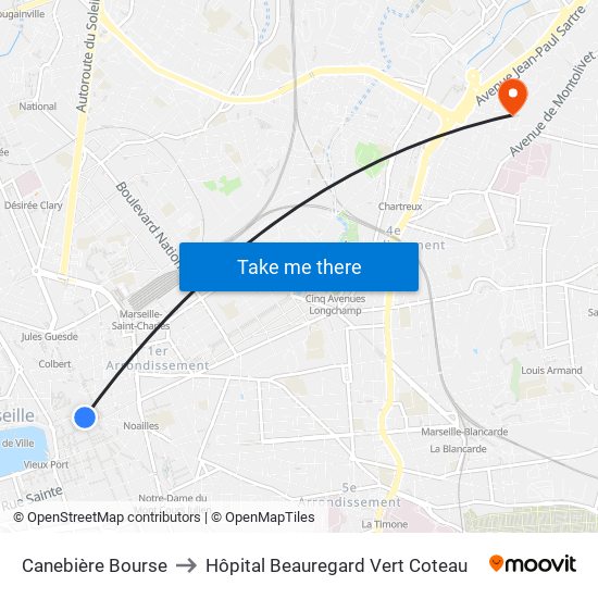 Canebière Bourse to Hôpital Beauregard Vert Coteau map