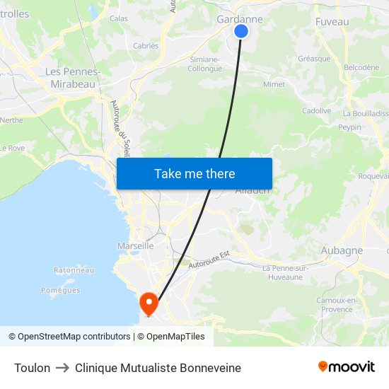Toulon to Clinique Mutualiste Bonneveine map
