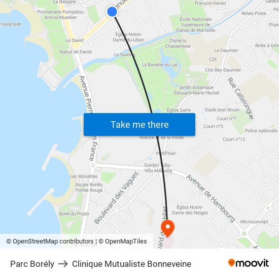 Parc Borély to Clinique Mutualiste Bonneveine map