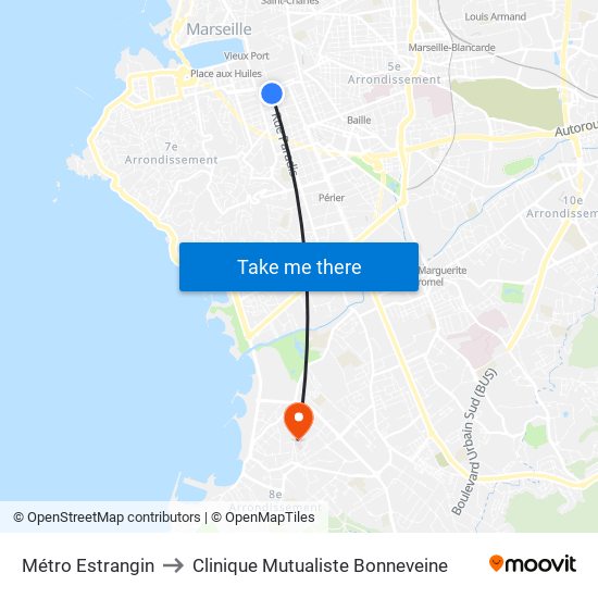 Métro Estrangin to Clinique Mutualiste Bonneveine map