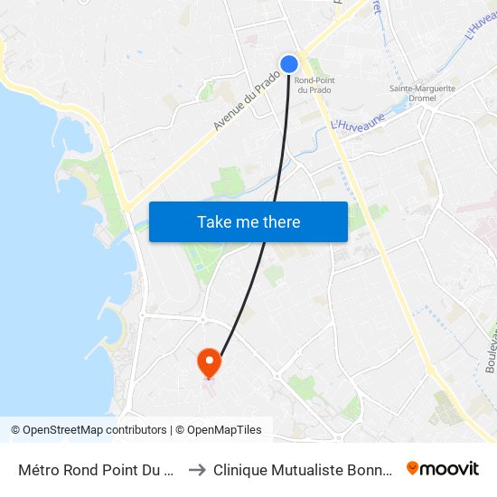 Métro Rond Point Du Prado to Clinique Mutualiste Bonneveine map