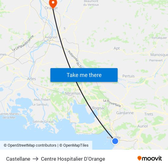 Castellane to Centre Hospitalier D'Orange map