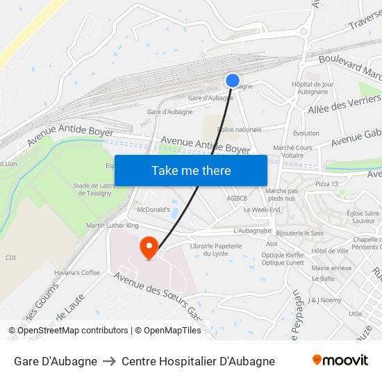 Gare D'Aubagne to Centre Hospitalier D'Aubagne map