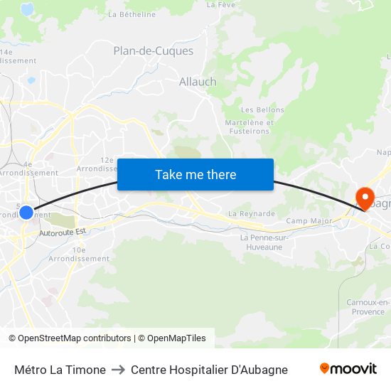 Métro La Timone to Centre Hospitalier D'Aubagne map