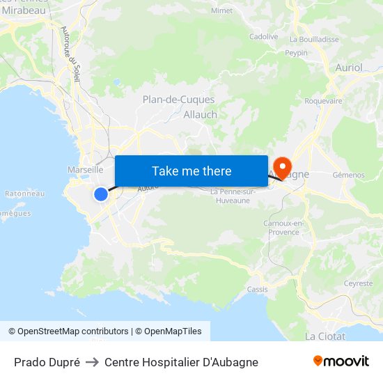 Prado Dupré to Centre Hospitalier D'Aubagne map