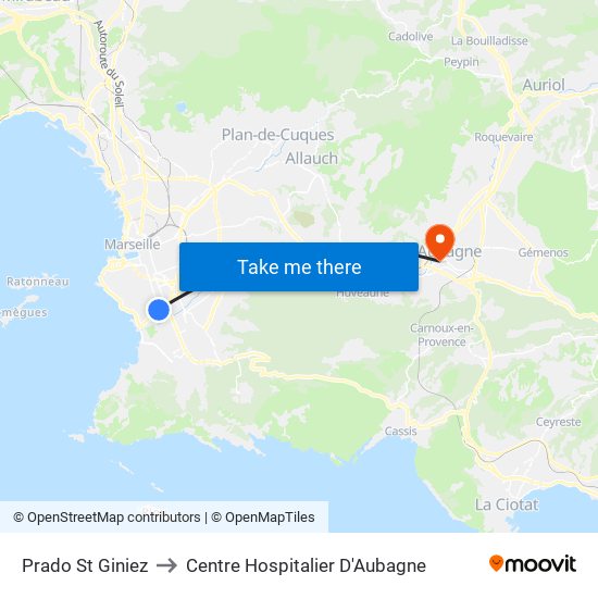 Prado St Giniez to Centre Hospitalier D'Aubagne map