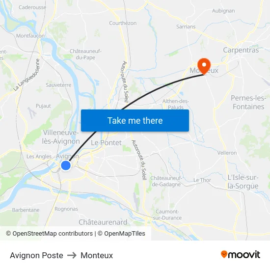 Avignon Poste to Monteux map
