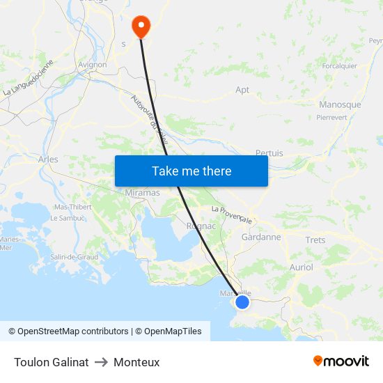 Toulon Galinat to Monteux map