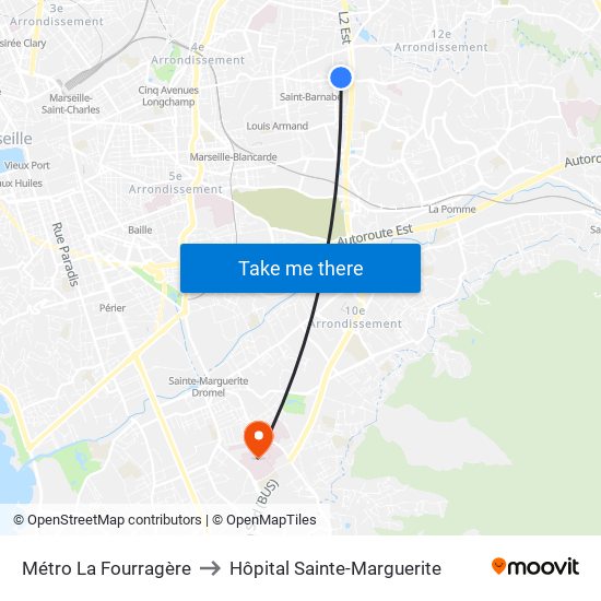 Métro La Fourragère to Hôpital Sainte-Marguerite map