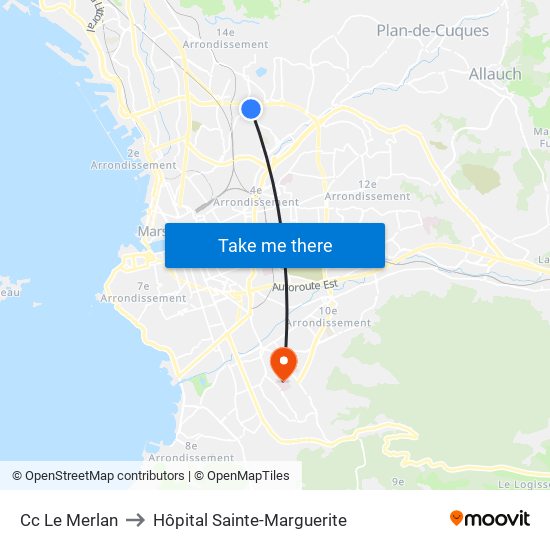 Cc Le Merlan to Hôpital Sainte-Marguerite map
