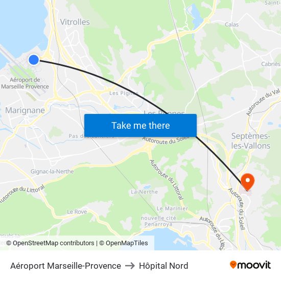 Aéroport Marseille-Provence to Hôpital Nord map