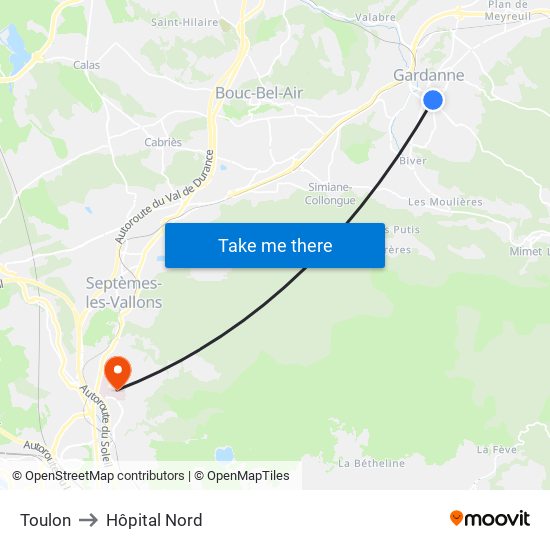 Toulon to Hôpital Nord map