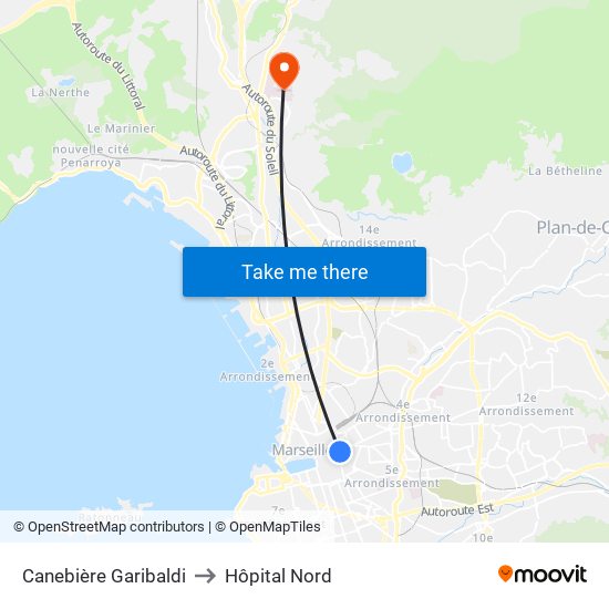 Canebière Garibaldi to Hôpital Nord map
