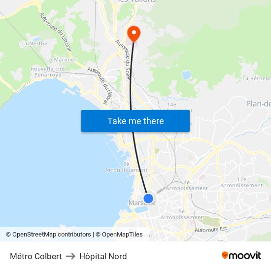 Métro Colbert to Hôpital Nord map