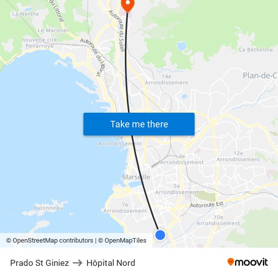 Prado St Giniez to Hôpital Nord map