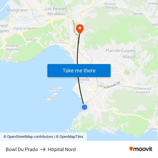 Bowl Du Prado to Hôpital Nord map