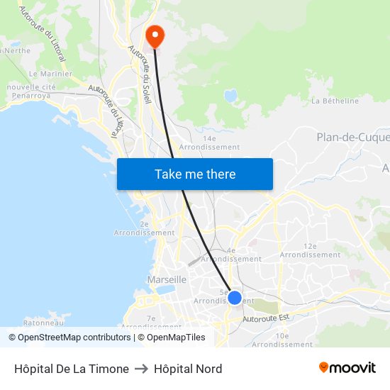 Hôpital De La Timone to Hôpital Nord map