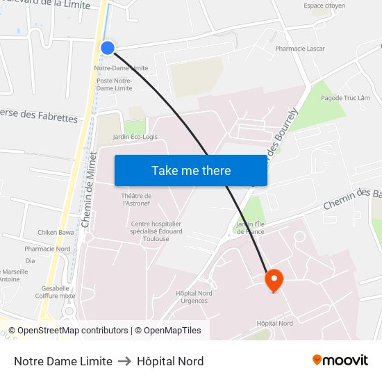 Notre Dame Limite to Hôpital Nord map