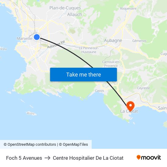 Foch 5 Avenues to Centre Hospitalier De La Ciotat map