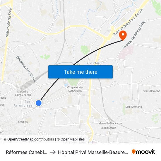 Réformés Canebière to Hôpital Privé Marseille-Beauregard map