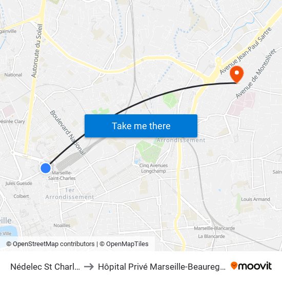 Nédelec St Charles to Hôpital Privé Marseille-Beauregard map